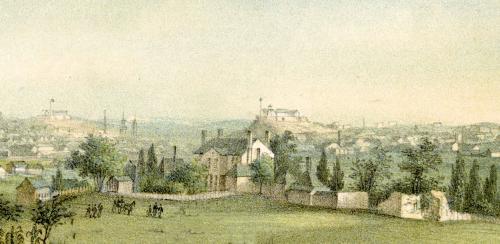 A cropped portion of a print of the Union encampment on the grounds of Mount Clare showing McPherson’s Hotel. 